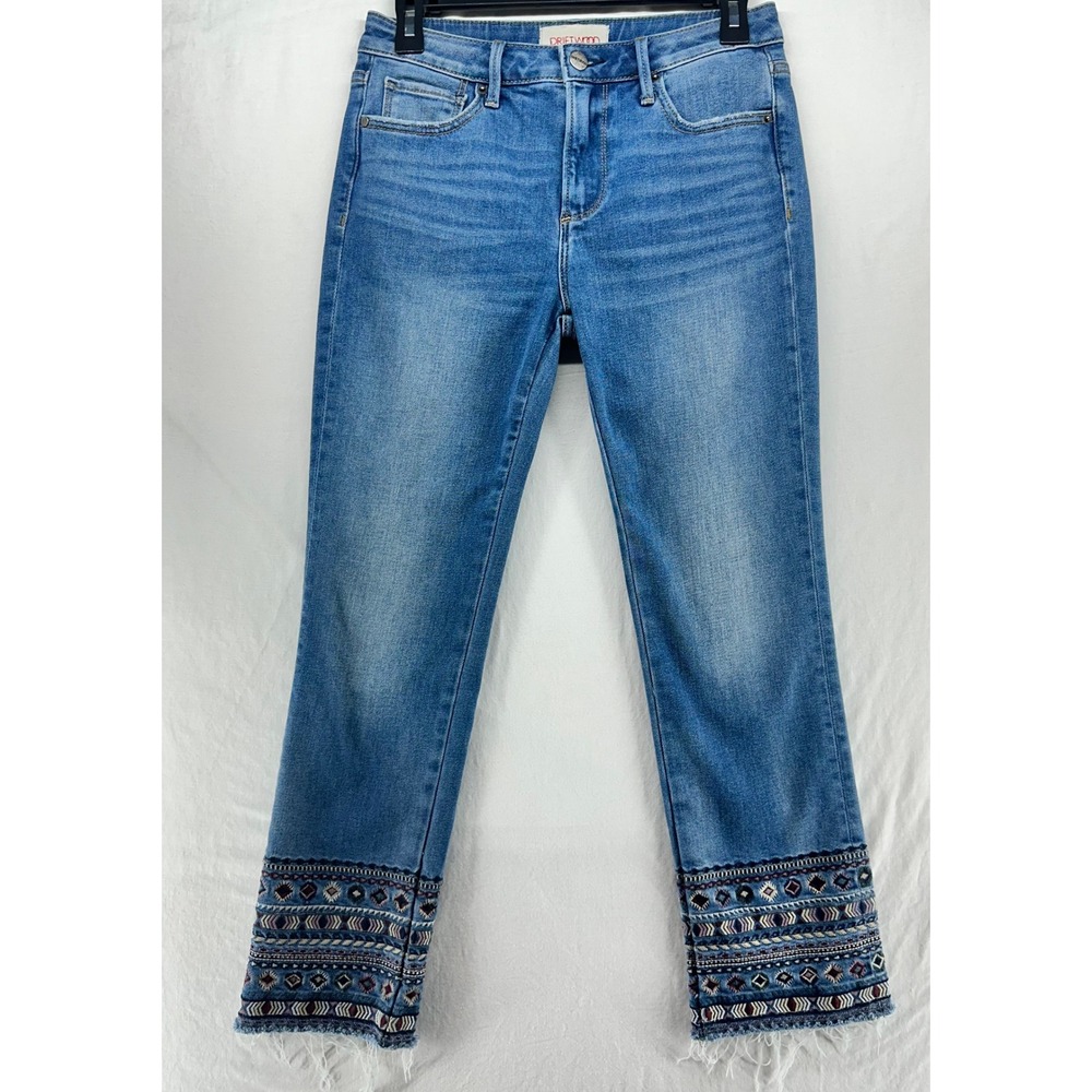 Driftwood Colette Embroidered Hem Cropped Jeans Blue Denim Womens 26 Boho Frayed